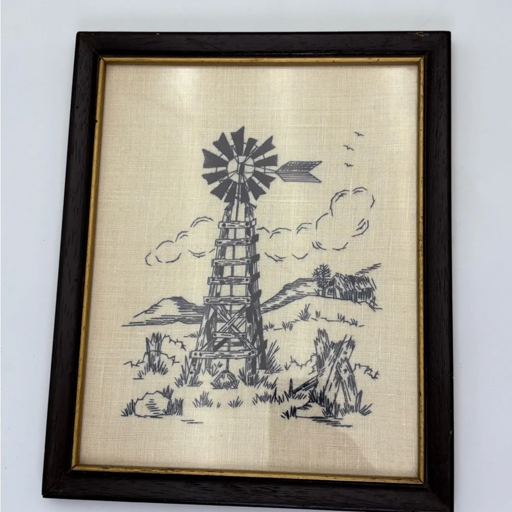 Vintage Framed Windmill Needlepoint Art